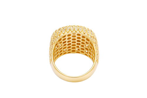 14KT Gold Ring Men's Round Caridad Cobre Wreath Border White CZ Stones Leaf Pattern on Shank (Two White CZ Stones in each Leaf)