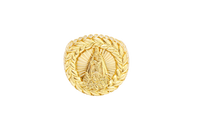 14KT Gold Ring Men's Round Caridad Cobre Wreath Border White CZ Stones Leaf Pattern on Shank (Two White CZ Stones in each Leaf)