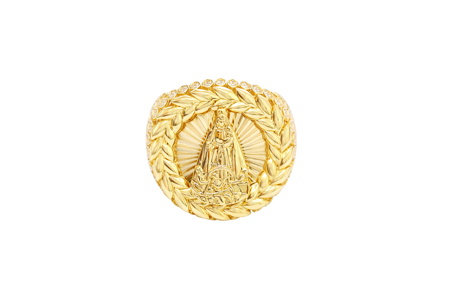 14KT Gold Ring Men's Round Caridad Cobre Wreath Border White CZ Stones Leaf Pattern on Shank (Two White CZ Stones in each Leaf)