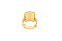 14KT Gold Ring Men's Rectangle Greek Border Jumbo Raised St. Jude with Sunray Background / Green CZ Stone Robe / White CZ Stones Sun Chino Band