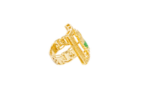 14KT Gold Ring Men's Rectangle Greek Border Jumbo Raised St. Jude with Sunray Background / Green CZ Stone Robe / White CZ Stones Sun Chino Band