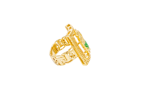 14KT Gold Ring Men's Rectangle Greek Border Jumbo Raised St. Jude with Sunray Background / Green CZ Stone Robe / White CZ Stones Sun Chino Band