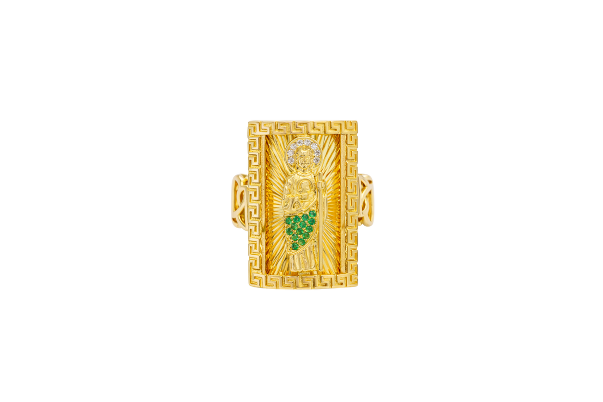 14KT Gold Ring Men's Rectangle Greek Border Jumbo Raised St. Jude with Sunray Background / Green CZ Stone Robe / White CZ Stones Sun Chino Band