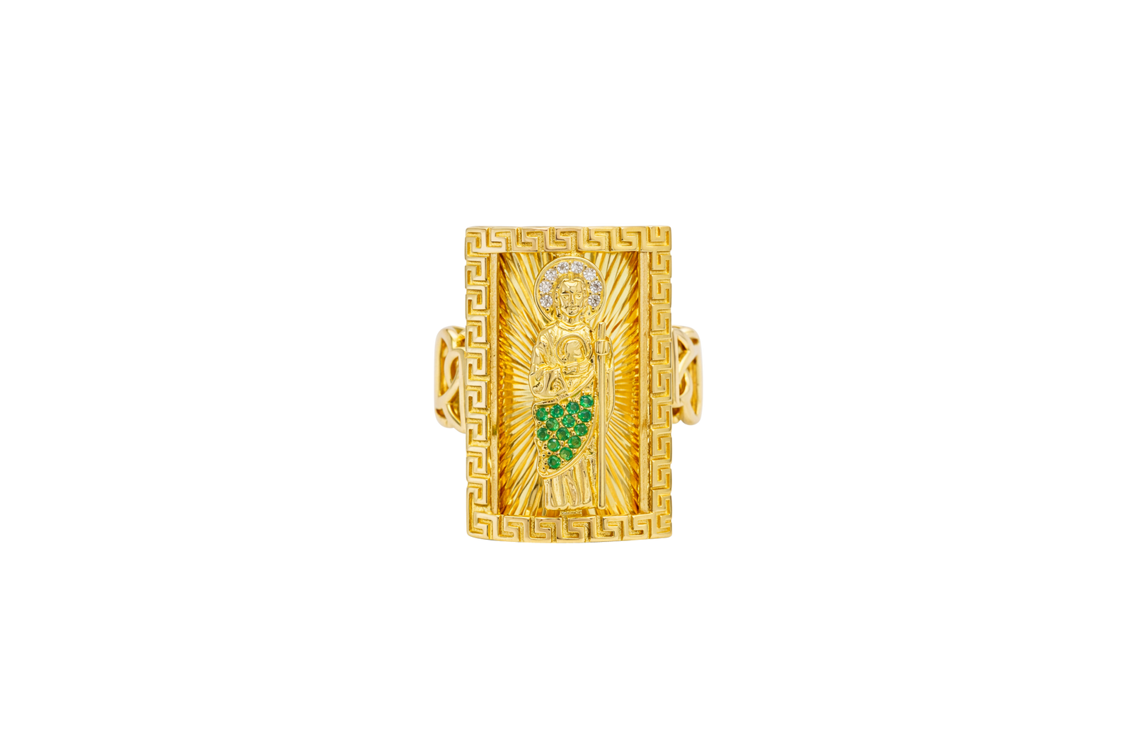 14KT Gold Ring Men's Rectangle Greek Border Jumbo Raised St. Jude with Sunray Background / Green CZ Stone Robe / White CZ Stones Sun Chino Band