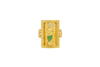 14KT Gold Ring Men's Rectangle Greek Border Jumbo Raised St. Jude with Sunray Background / Green CZ Stone Robe / White CZ Stones Sun Chino Band