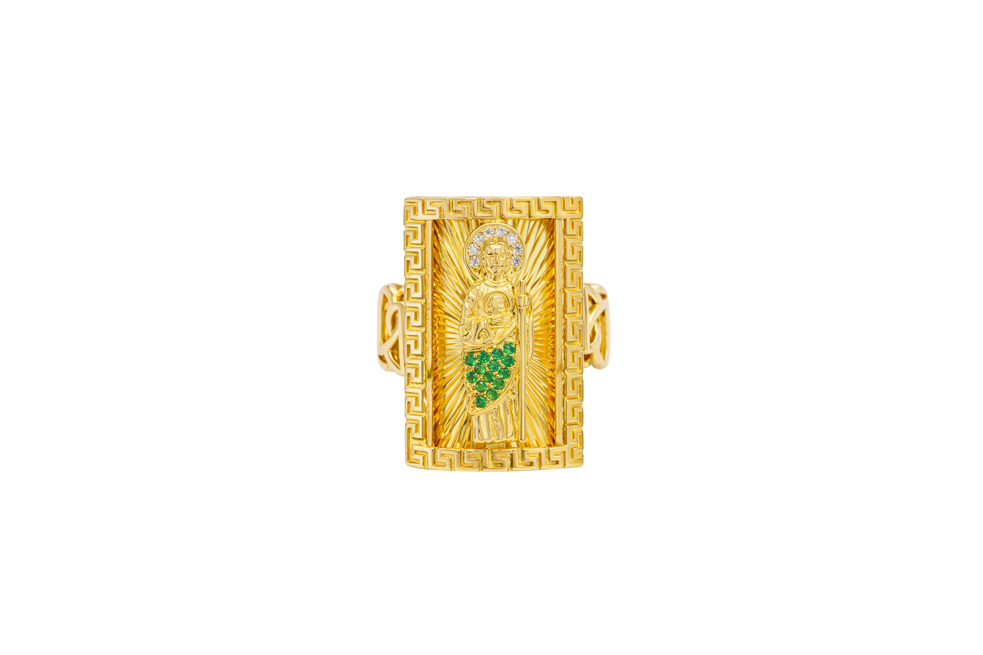 14KT Gold Ring Men's Rectangle Greek Border Jumbo Raised St. Jude with Sunray Background / Green CZ Stone Robe / White CZ Stones Sun Chino Band
