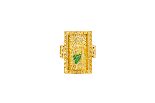 14KT Gold Ring Men's Rectangle Greek Border Jumbo Raised St. Jude with Sunray Background / Green CZ Stone Robe / White CZ Stones Sun Chino Band