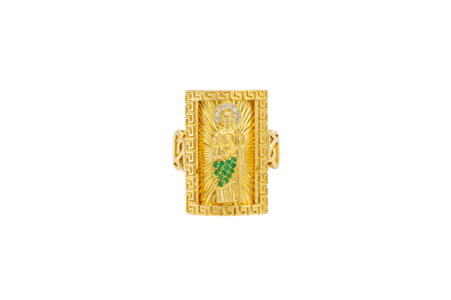 14KT Gold Ring Men's Rectangle Greek Border Jumbo Raised St. Jude with Sunray Background / Green CZ Stone Robe / White CZ Stones Sun Chino Band