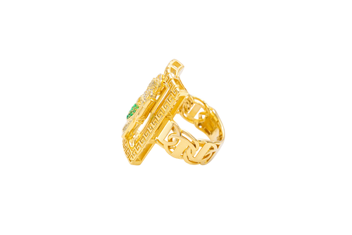 14KT Gold Ring Men's Rectangle Greek Border Jumbo Raised St. Jude with Sunray Background / Green CZ Stone Robe / White CZ Stones Sun Chino Band