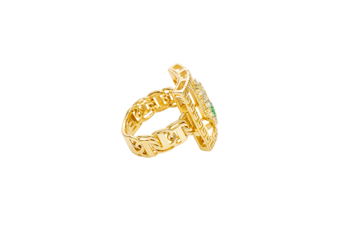14KT Gold Ring Men's Rectangle Mini St. Jude Greek Border with White/Green CZ Stones Robe and Chino Link Band