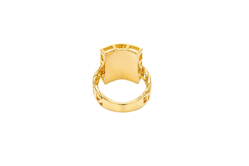 14KT Gold Ring Men's Rectangle Mini St. Jude Greek Border with White/Green CZ Stones Robe and Chino Link Band