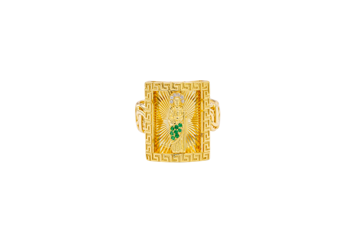 14KT Gold Ring Men's Rectangle Mini St. Jude Greek Border with White/Green CZ Stones Robe and Chino Link Band