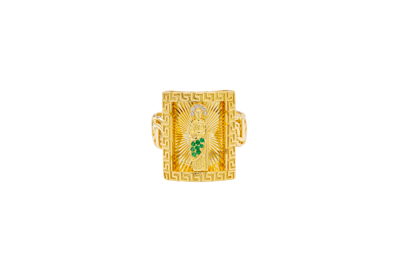 14KT Gold Ring Men's Rectangle Mini St. Jude Greek Border with White/Green CZ Stones Robe and Chino Link Band