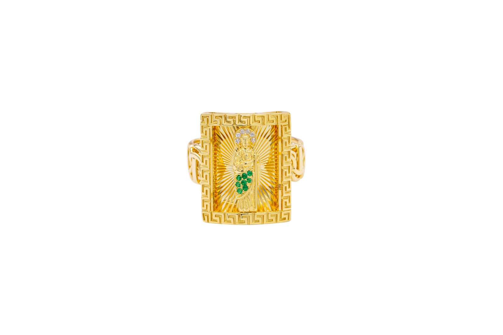 14KT Gold Ring Men's Rectangle Mini St. Jude Greek Border with White/Green CZ Stones Robe and Chino Link Band