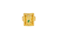 14KT Gold Ring Men's Rectangle Mini St. Jude Greek Border with White/Green CZ Stones Robe and Chino Link Band