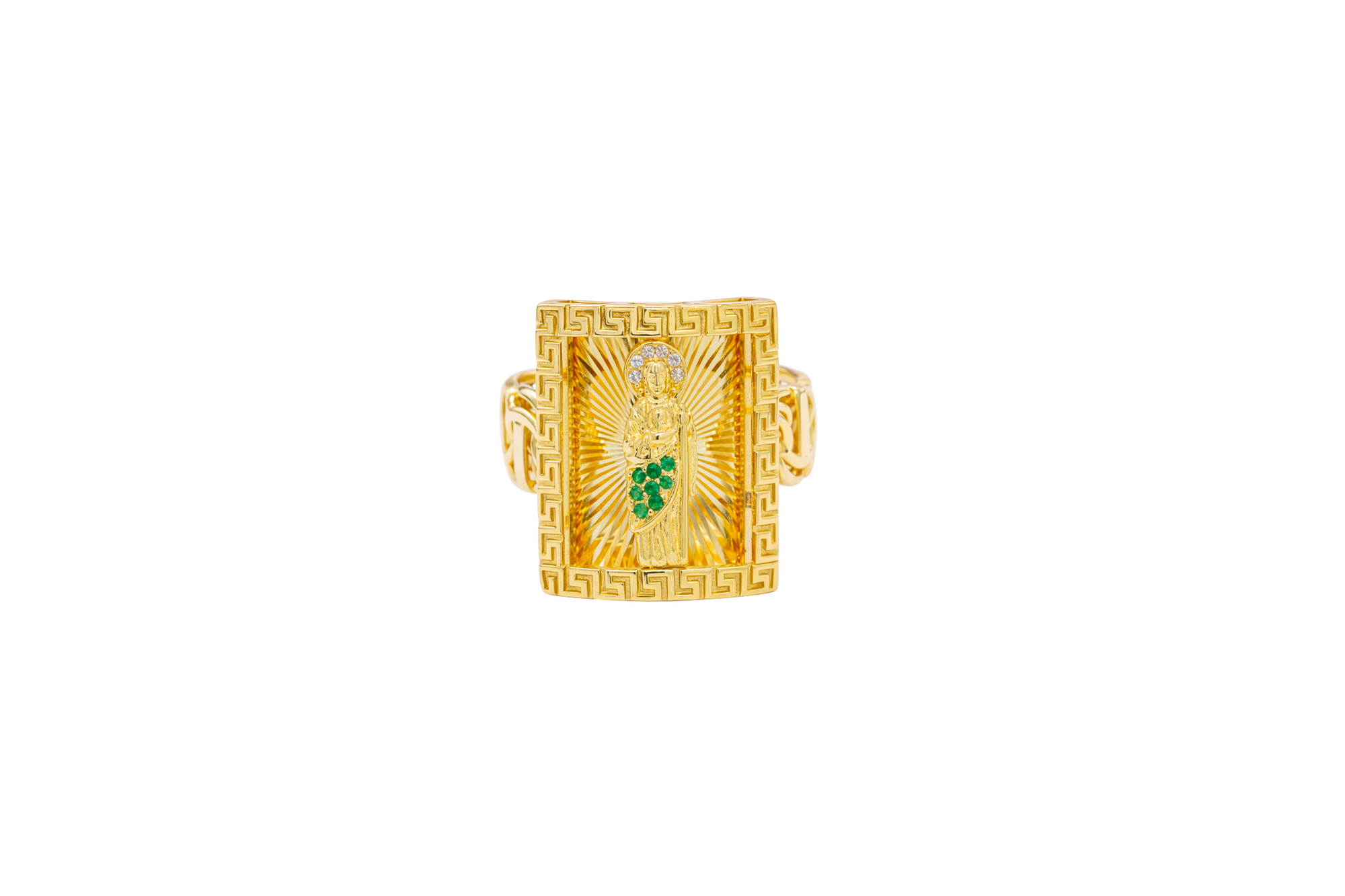 14KT Gold Ring Men's Rectangle Mini St. Jude Greek Border with White/Green CZ Stones Robe and Chino Link Band