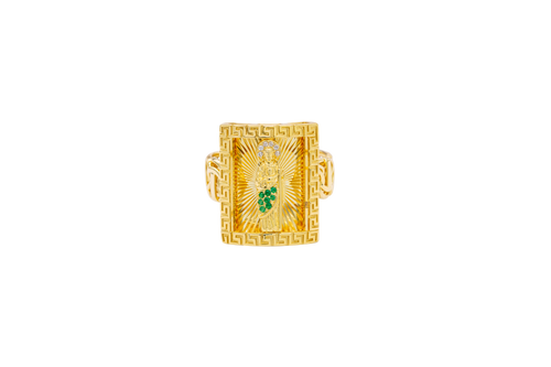 14KT Gold Ring Men's Rectangle Mini St. Jude Greek Border with White/Green CZ Stones Robe and Chino Link Band
