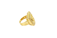 14KT Gold Ring Men's Curved Rectangle Raised Full Horse with White CZ Stones Border and Greek Outer Border Plain Band