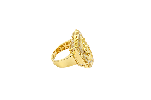 14KT Gold Ring Men's Curved Rectangle Raised Full Horse with White CZ Stones Border and Greek Outer Border Plain Band