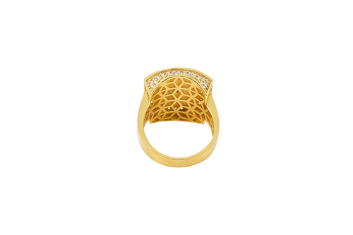 14KT Gold Ring Men's Curved Rectangle Raised Full Horse with White CZ Stones Border and Greek Outer Border Plain Band