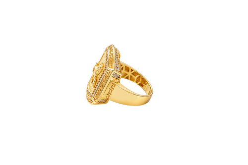 14KT Gold Ring Men's Curved Rectangle Raised Full Horse with White CZ Stones Border and Greek Outer Border Plain Band