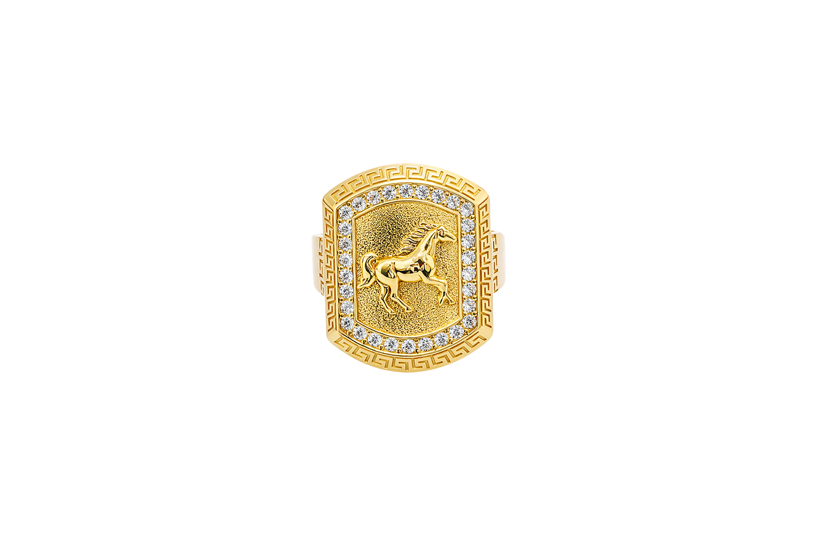 14KT Gold Ring Men's Curved Rectangle Raised Full Horse with White CZ Stones Border and Greek Outer Border Plain Band