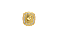 14KT Gold Ring Men's Curved Rectangle Raised Full Horse with White CZ Stones Border and Greek Outer Border Plain Band