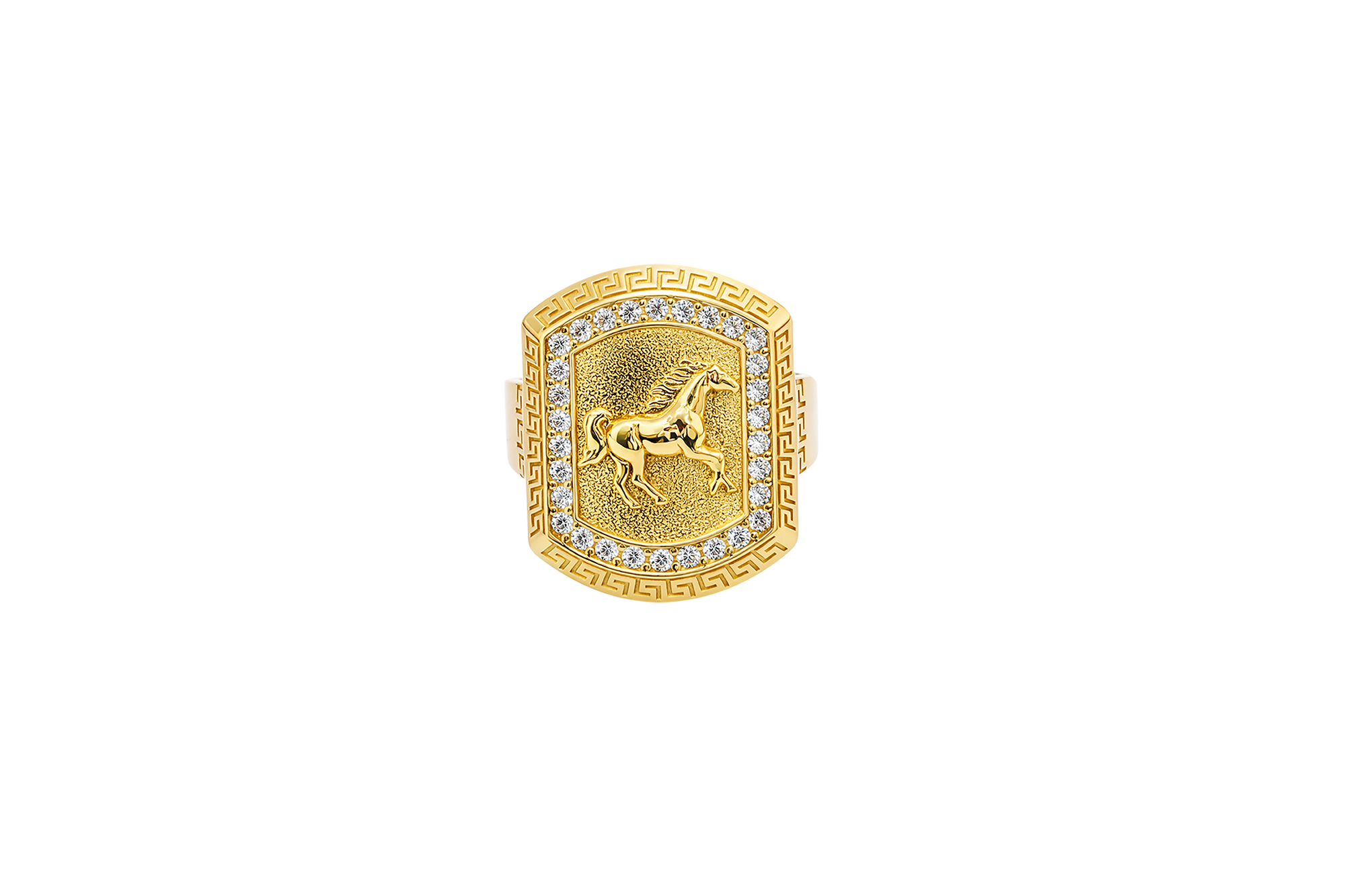 14KT Gold Ring Men's Curved Rectangle Raised Full Horse with White CZ Stones Border and Greek Outer Border Plain Band