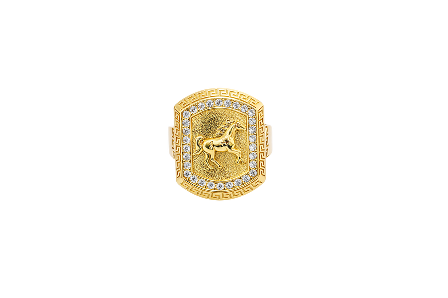 14KT Gold Ring Men's Curved Rectangle Raised Full Horse with White CZ Stones Border and Greek Outer Border Plain Band