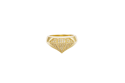 14KT Gold Ring Men's Diamond Shape Ring Outline White CZ Stones Inside Each Facet Plain Band