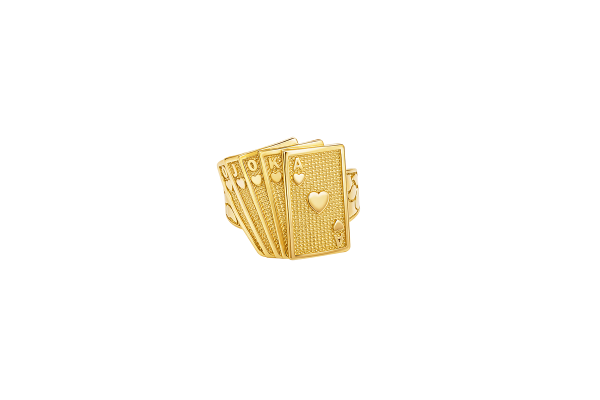14KT Gold Ring Men's Fanned Playing Cards Shape "Full House Hearts" Nugget Print Band