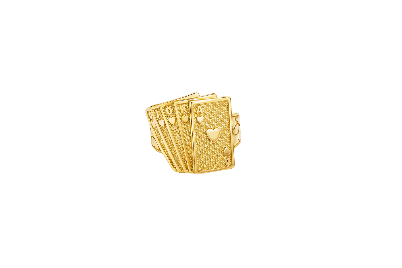 14KT Gold Ring Men's Fanned Playing Cards Shape "Full House Hearts" Nugget Print Band