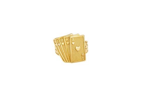 14KT Gold Ring Men's Fanned Playing Cards Shape "Full House Hearts" Nugget Print Band