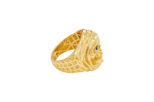 14KT Gold Ring Men's Grim Reaper with Blue CZ Stones Eyes