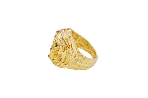 14KT Gold Ring Men's Grim Reaper with Blue CZ Stones Eyes