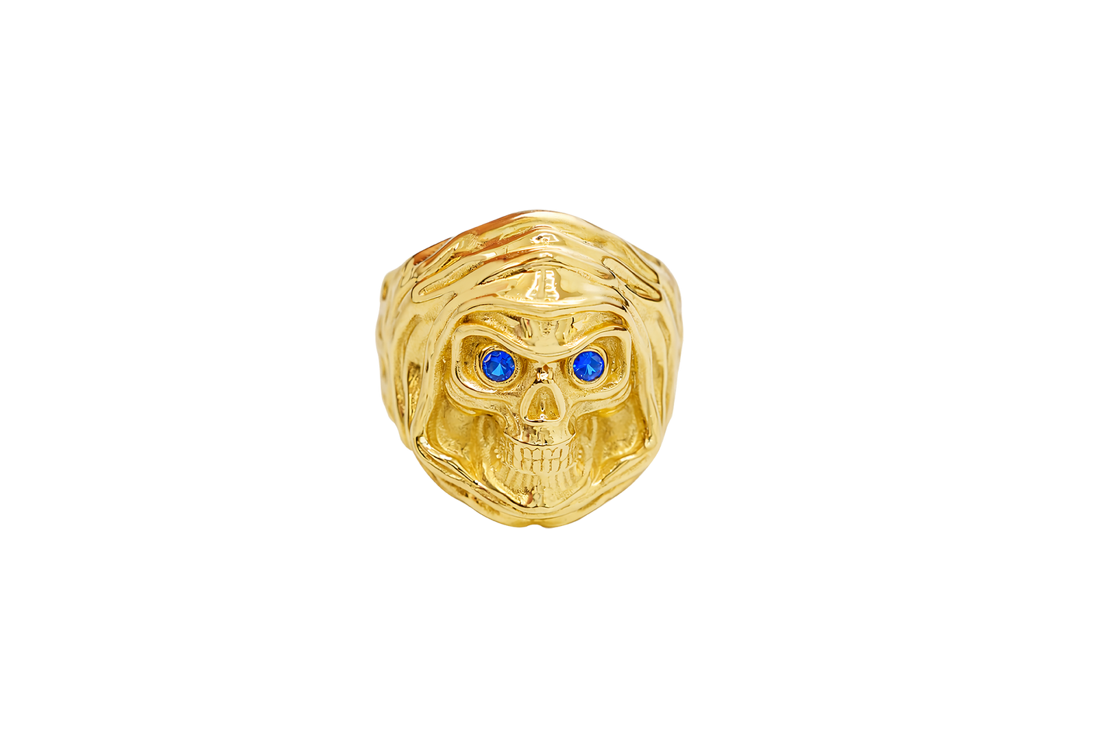 14KT Gold Ring Men's Grim Reaper with Blue CZ Stones Eyes