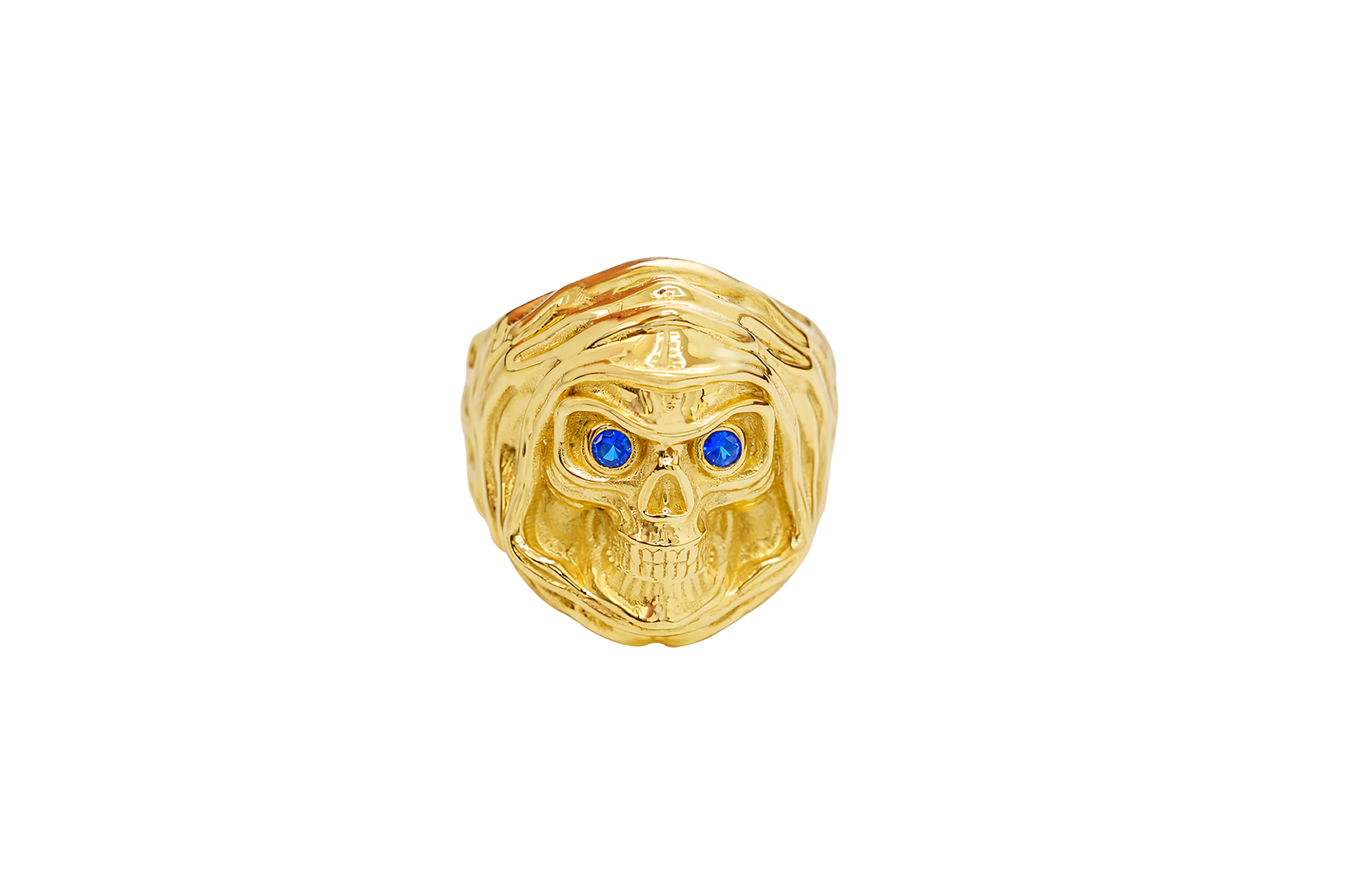 14KT Gold Ring Men's Grim Reaper with Blue CZ Stones Eyes