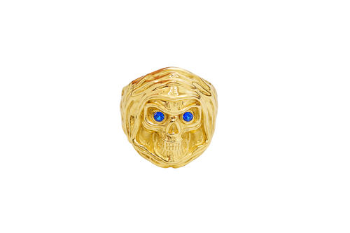 14KT Gold Ring Men's Grim Reaper with Blue CZ Stones Eyes