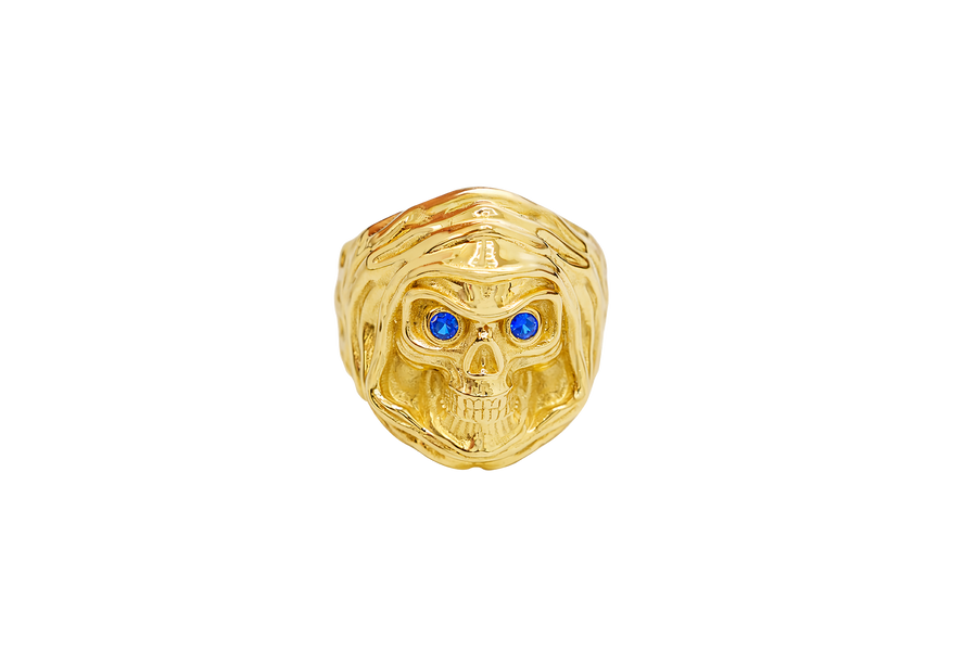 14KT Gold Ring Men's Grim Reaper with Blue CZ Stones Eyes