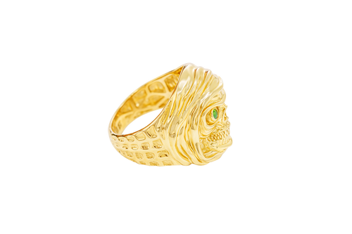 14KT Gold Ring Men's Grim Reaper with Green CZ Stones Eyes