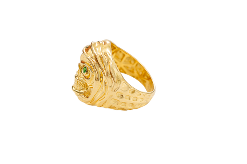 14KT Gold Ring Men's Grim Reaper with Green CZ Stones Eyes