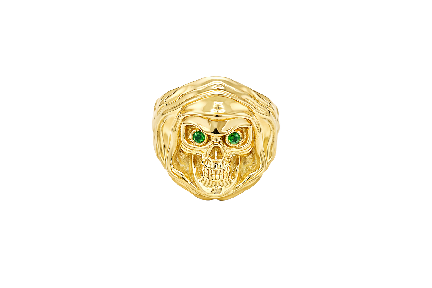 14KT Gold Ring Men's Grim Reaper with Green CZ Stones Eyes