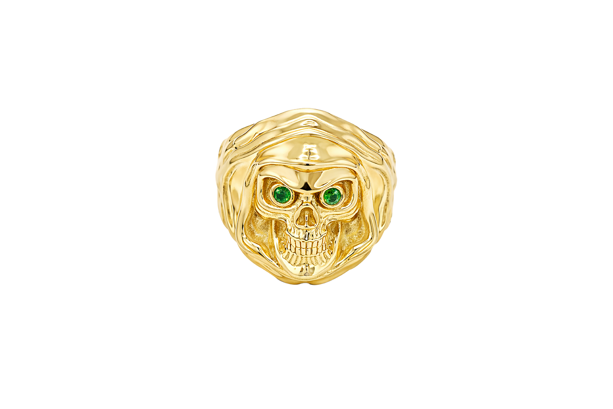 14KT Gold Ring Men's Grim Reaper with Green CZ Stones Eyes