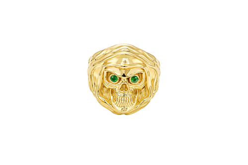14KT Gold Ring Men's Grim Reaper with Green CZ Stones Eyes