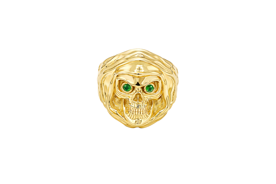 14KT Gold Ring Men's Grim Reaper with Green CZ Stones Eyes