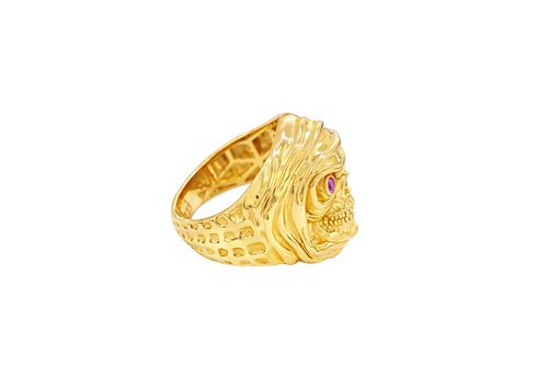 14KT Gold Ring Men's Grim Reaper with Red CZ Stones Eyes