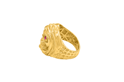 14KT Gold Ring Men's Grim Reaper with Red CZ Stones Eyes