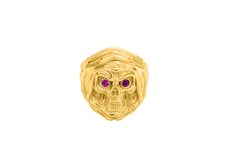 14KT Gold Ring Men's Grim Reaper with Red CZ Stones Eyes