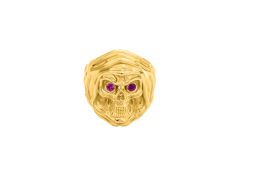 14KT Gold Ring Men's Grim Reaper with Red CZ Stones Eyes