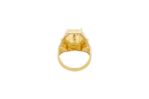 14KT Gold Ring Men's Hexagon Raised Medusa Head with Vertical Striped Background Greek Border Band Design Single Round White CZ Stone Solid Greek Band Border